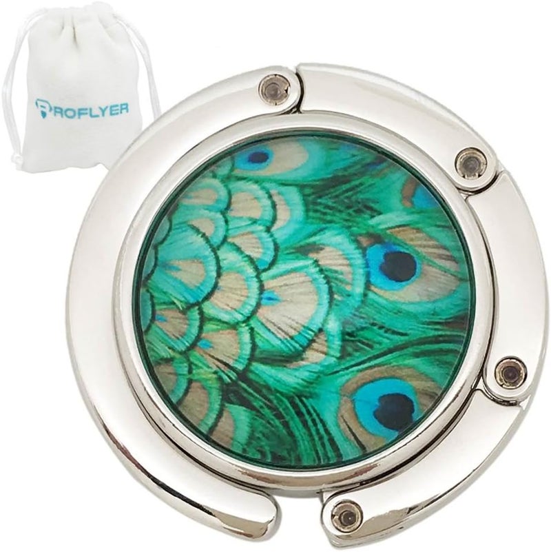 ROFLYER Cute Round Purse Hook - Foldable Handbag Hanger Safer Cleaner Bag, Fold Up Folding Table Hanger, with Velvet Pouch (Peacock Feather) - Image 1