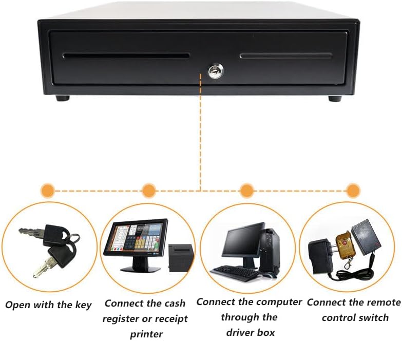 Hcosmy Point of Sale POS Cash Drawer Standard Size Heavy Duty Automatic-Open RJ11 Printer Interface 8 Notes 4 Coins Removable Coin Tray Money Drawer (Black) - Image 3