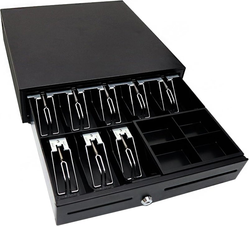Hcosmy Point of Sale POS Cash Drawer Standard Size Heavy Duty Automatic-Open RJ11 Printer Interface 8 Notes 4 Coins Removable Coin Tray Money Drawer (Black) - Image 1