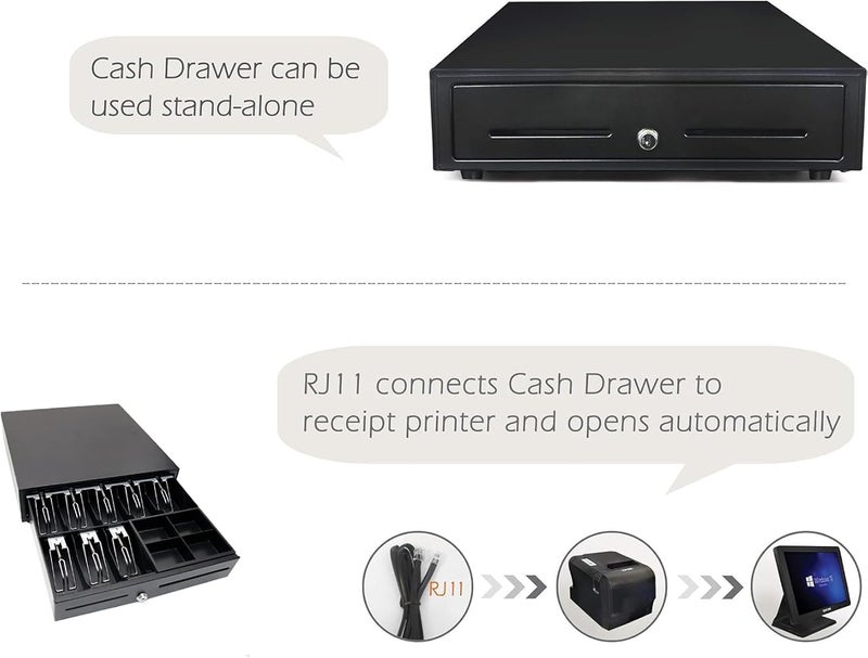 Hcosmy Point of Sale POS Cash Drawer Standard Size Heavy Duty Automatic-Open RJ11 Printer Interface 8 Notes 4 Coins Removable Coin Tray Money Drawer (Black) - Image 4