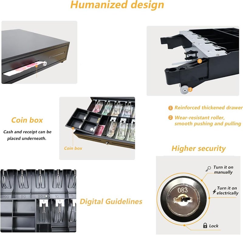 Hcosmy Point of Sale POS Cash Drawer Standard Size Heavy Duty Automatic-Open RJ11 Printer Interface 8 Notes 4 Coins Removable Coin Tray Money Drawer (Black) - Image 2