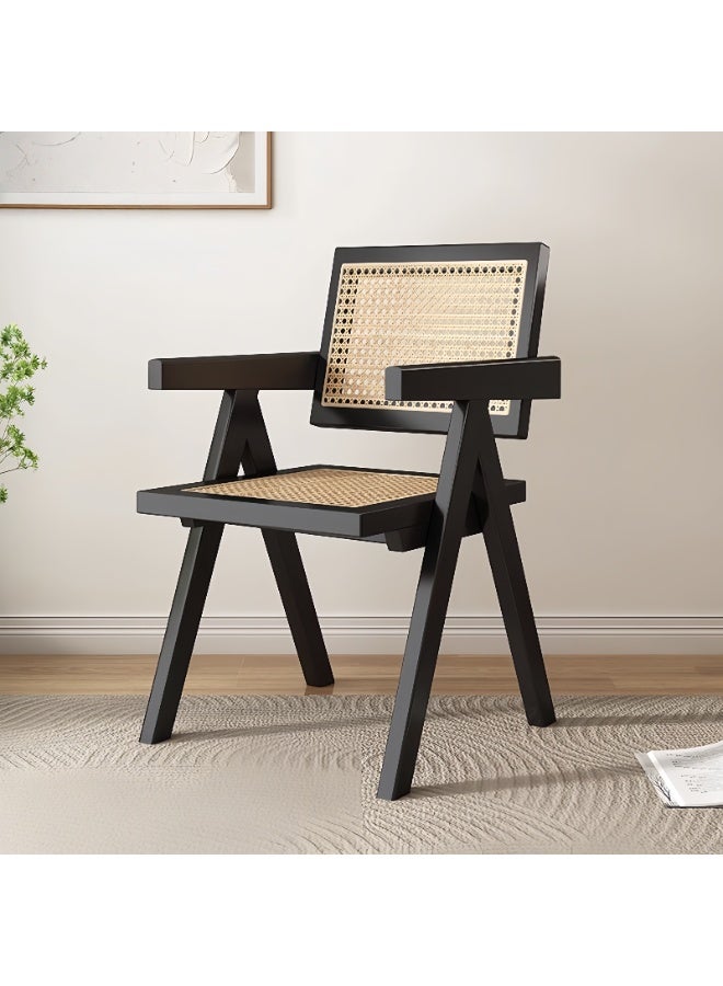 جين فان ل أنا كراسي طعام عصرية من الخشب الصلب والروطان مع مساند للذراعين، تصميم منتصف القرن، كراسي أنيقة مصنوعة يدويًا، كرسي استرخاء بذراعين لغرفة الطعام والمطبخ وغرفة المعيشة، 51*54*81 سم (أسود) - Image 1