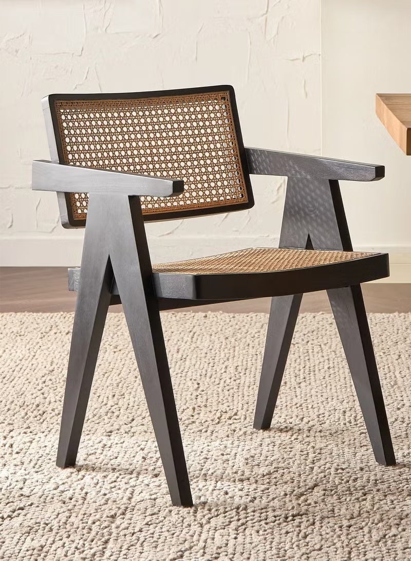 جين فان ل أنا كراسي طعام عصرية من الخشب الصلب والروطان مع مساند للذراعين، تصميم منتصف القرن، كراسي أنيقة مصنوعة يدويًا، كرسي استرخاء بذراعين لغرفة الطعام والمطبخ وغرفة المعيشة، 51*54*81 سم (أسود) - Image 3