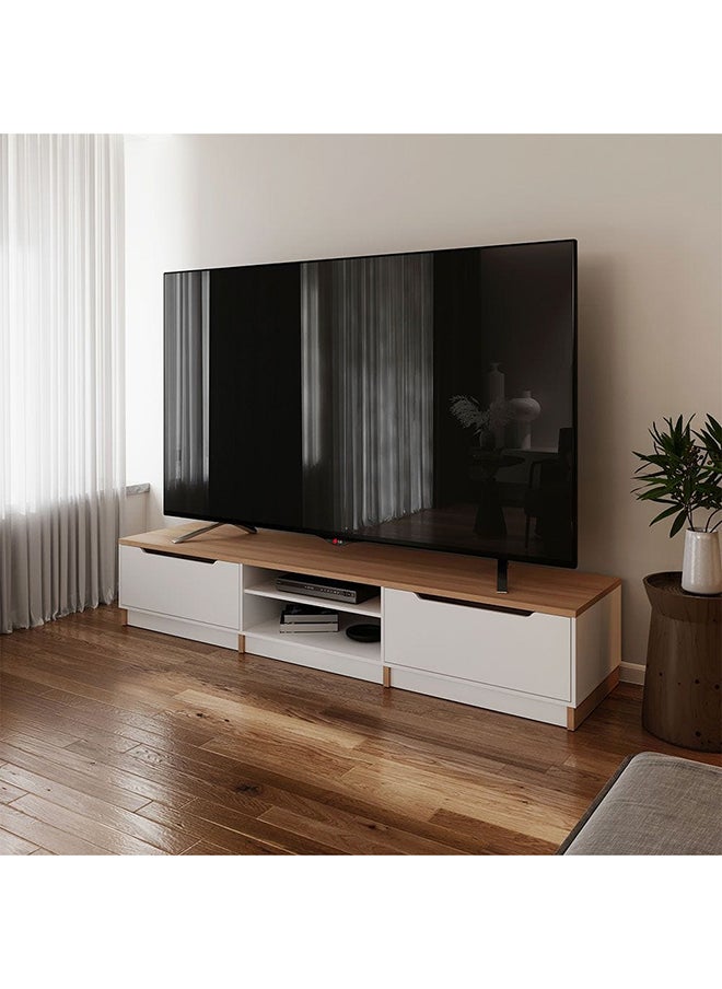 DANUBE HOME Royan Large Tv Cabinet With 2 Drawers Up To 98 Inches Entertainment Wall Tv Unit Wooden Tv Rack Stand Media Console For Living Room L 230x55.3x42.7 Cm Light Brown/White  - Image 2