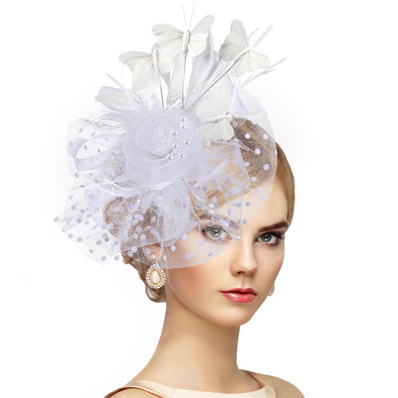 Zinniday White Butterfly Fascinator Hat - Elegant 2026 Derby Attire Tea Hat with Hairpin, 1920s 50s Vintage Feather Fascinators for Women Lady Girls Banquet Halloween Renaissance Ball Dress Up - Image 1