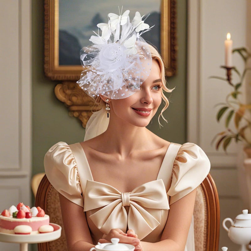 Zinniday White Butterfly Fascinator Hat - Elegant 2026 Derby Attire Tea Hat with Hairpin, 1920s 50s Vintage Feather Fascinators for Women Lady Girls Banquet Halloween Renaissance Ball Dress Up - Image 2