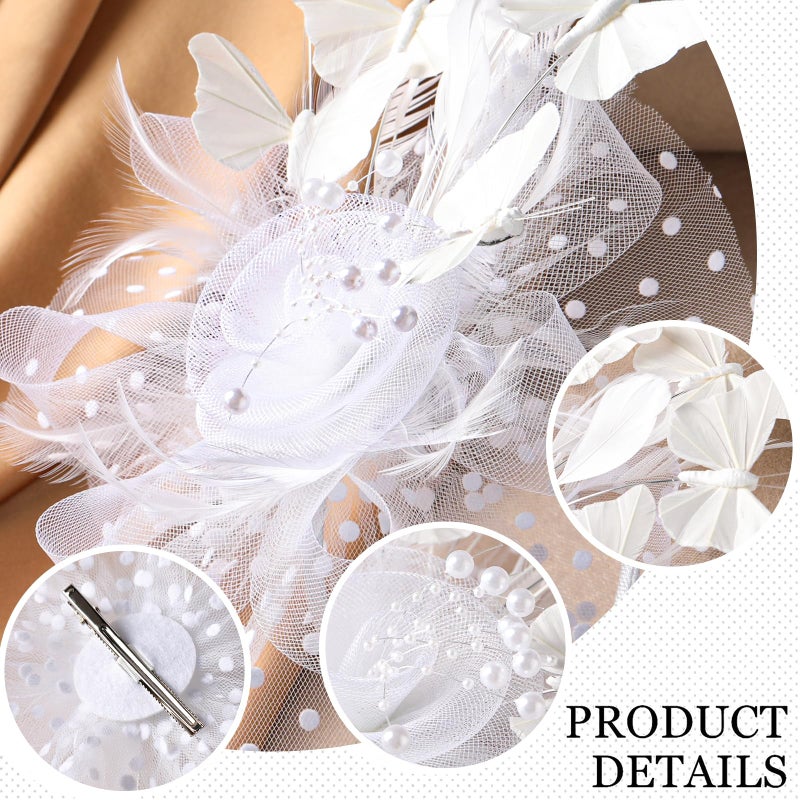 Zinniday White Butterfly Fascinator Hat - Elegant 2026 Derby Attire Tea Hat with Hairpin, 1920s 50s Vintage Feather Fascinators for Women Lady Girls Banquet Halloween Renaissance Ball Dress Up - Image 5