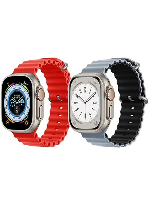 Silicone Ocean Band Strap for Apple Watch Ultra 8 49mm Red Single Color Strap with Light Blue/Black Double Side Strap Set of 2