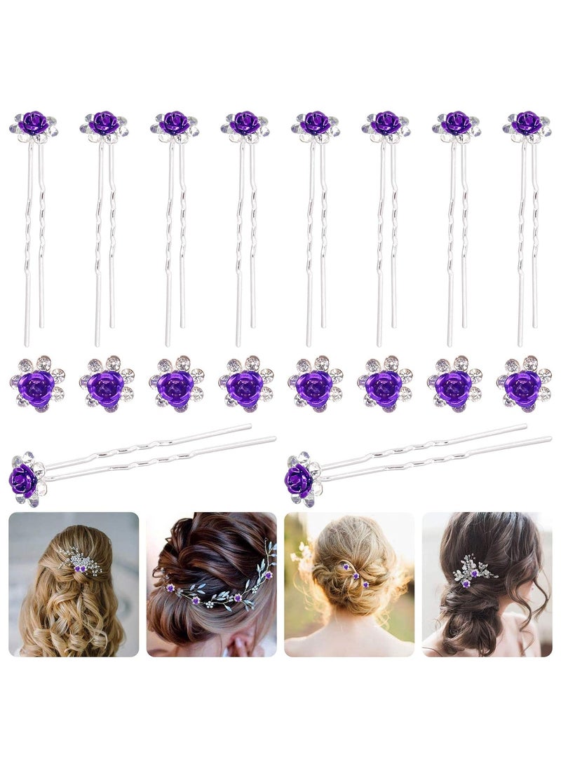Rustark 40 Pcs Purple Crystal Hair Pins Rose Flower Rhinestone Hair Clips U Shaped Hair Pins Bobby Pins Bun Hairpins for Wedding Bridal Women Hair Jewelry Accessories with Storage Case 