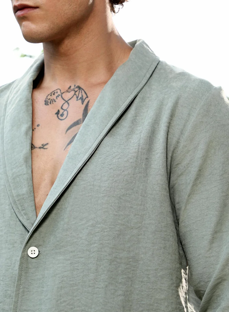 CAHOOT  Men's Sage Green Solid Shawl Collar Oversized Shirt for Men | Best Price UAE