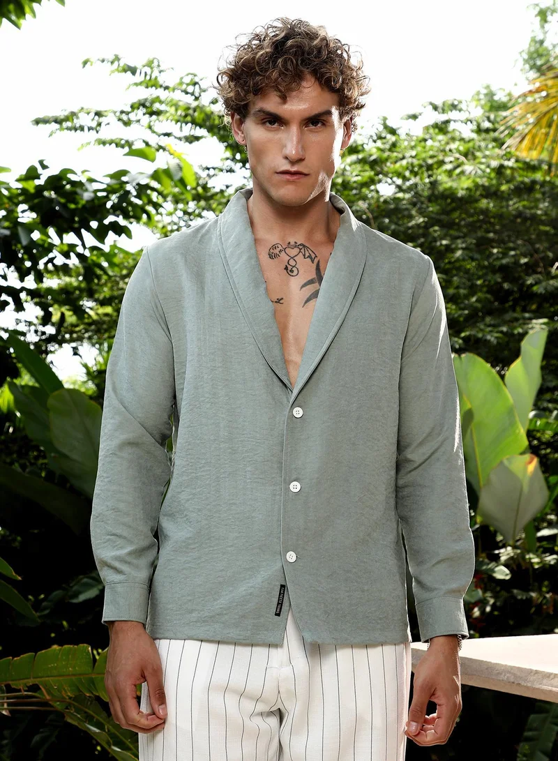 Campus Sutra Men's Sage Green Solid Shawl Collar Oversized Shirt