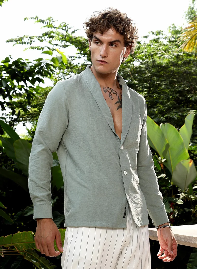 CAHOOT  Men's Sage Green Solid Shawl Collar Oversized Shirt for Men | Best Price UAE