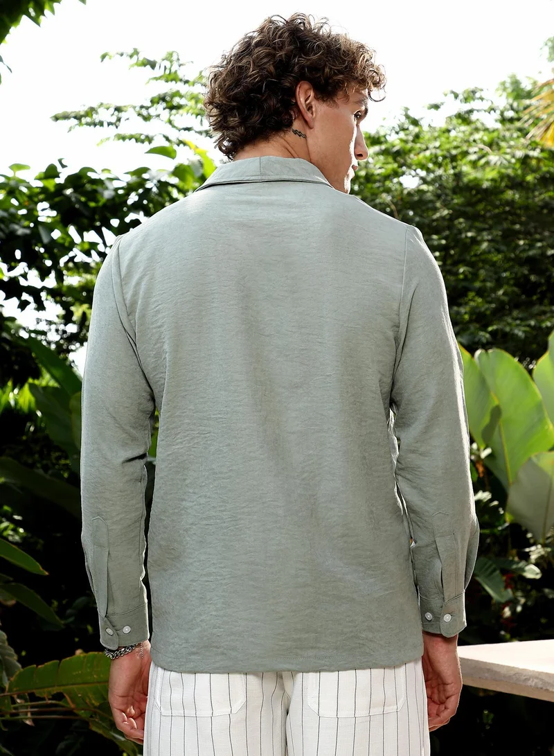 CAHOOT  Men's Sage Green Solid Shawl Collar Oversized Shirt for Men | Best Price UAE