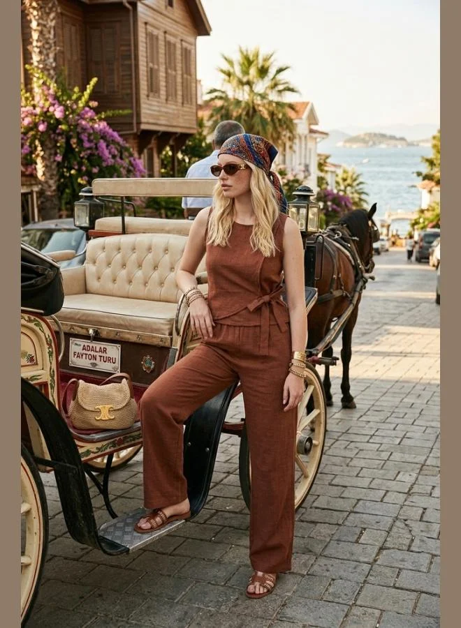 ليلا Lela Regular Fit Tie Detail Crew Neck Suit Women's SET 5866466