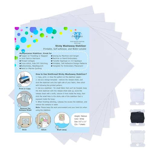 Simthread Sticky Wash Away Embroidery Stabilizer SelfAdhesive Printable A4 Size Paper Stabilizer Medium Weight 14OZ 85 x 11 7pcs Pack - Image 1