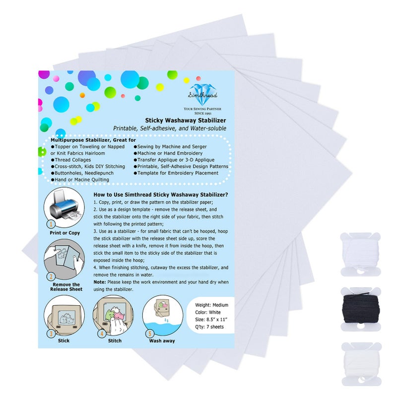 Simthread Sticky Wash Away Embroidery Stabilizer SelfAdhesive Printable A4 Size Paper Stabilizer Medium Weight 14OZ 85 x 11 7pcs Pack - Image 3