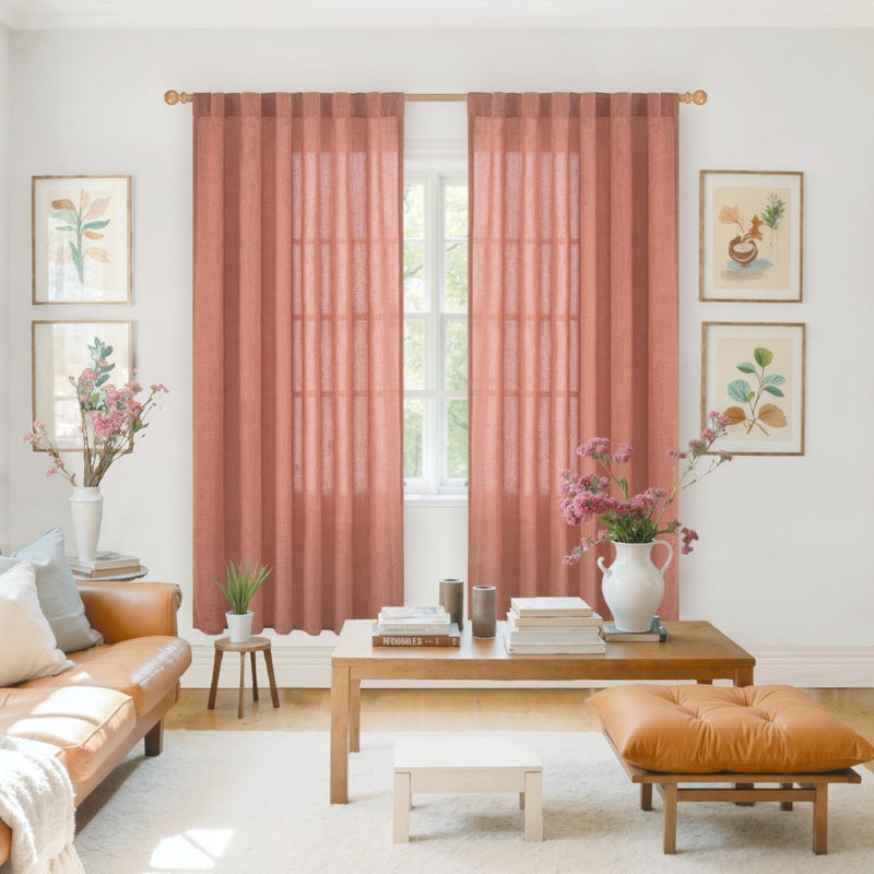 YoungsTex Rust Terracotta Linen Curtains 72 Inch Length, Burnt Orange Semi Sheer Drapes with Rod Pocket Back Tab Light Filtering for Bedroom Living Room Windows, 2 Panels, 52 X 72 Inch - Image 2