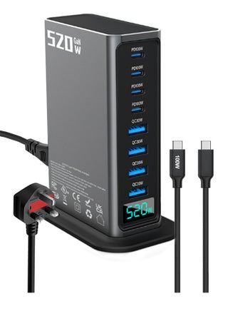 قاعدة شحن USB-C بقوة ٥٢٠ واط - ٤ منافذ من النوع C (٤ منافذ ١٠٠ واط) و٤ منافذ USB (QC ٣٠ واط) - تقنية GaN - معتمدة لأجهزة ماك بوك، آيفون، جالاكسي، آيباد، هونر وغيرها - سلك طاقة بطول متر واحد، للاستخدام المنزلي والمكتبي. - pzsku/ZB2623AEB405EE1F445A5Z/45/1749200872/5f6677d6-7680-4023-ac22-7fa2e6b5baee
