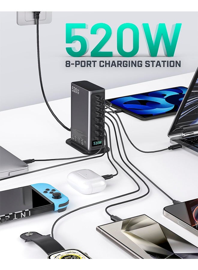 قاعدة شحن USB-C بقوة ٥٢٠ واط - ٤ منافذ من النوع C (٤ منافذ ١٠٠ واط) و٤ منافذ USB (QC ٣٠ واط) - تقنية GaN - معتمدة لأجهزة ماك بوك، آيفون، جالاكسي، آيباد، هونر وغيرها - سلك طاقة بطول متر واحد، للاستخدام المنزلي والمكتبي.