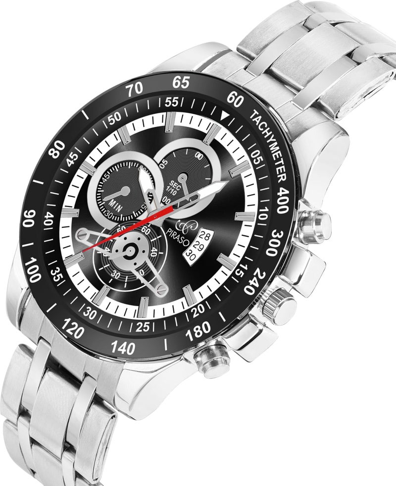 PIRASO Stainless Steel Analog Watch Date Display Black Silver Dial And Silver Chain(Watch For Men&Boy) - Image 5