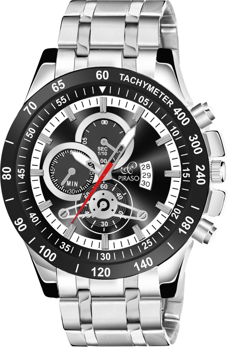 PIRASO Stainless Steel Analog Watch Date Display Black Silver Dial And Silver Chain(Watch For Men&Boy) - Image 2