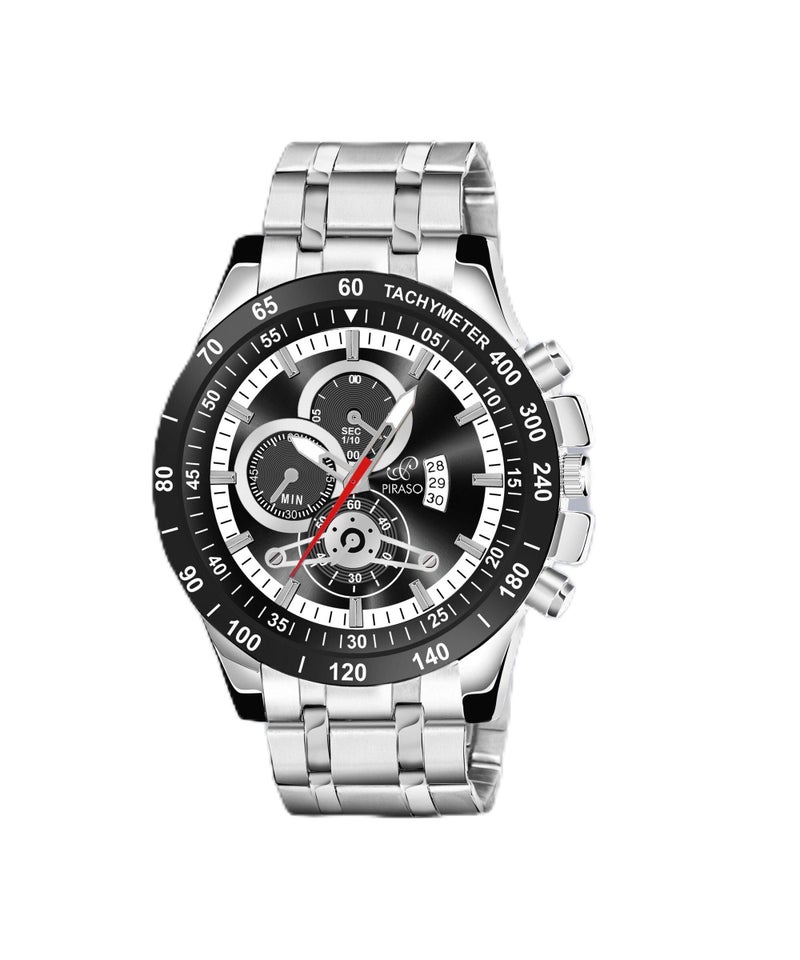 PIRASO Stainless Steel Analog Watch Date Display Black Silver Dial And Silver Chain(Watch For Men&Boy) - Image 1