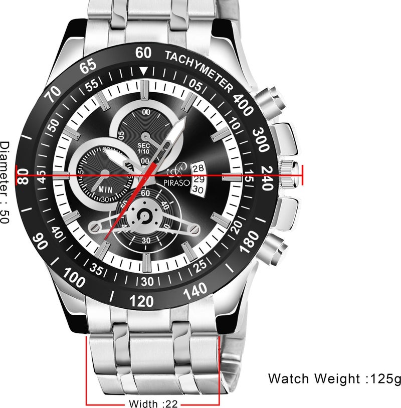 PIRASO Stainless Steel Analog Watch Date Display Black Silver Dial And Silver Chain(Watch For Men&Boy) - Image 4