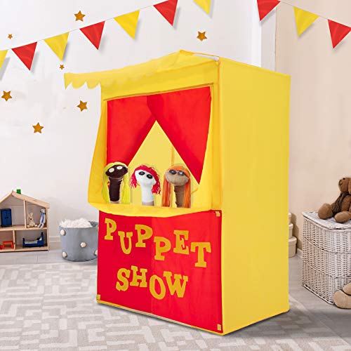 Alvantor Lemonade Stand Puppet Show Theater Pretend Playhouse Tent Kids on Stage Doorway Table Top Sets for Toddlers Curtain Fordable Rods Children Dramatic Furniture 28X20X41H Yellow - Image 1