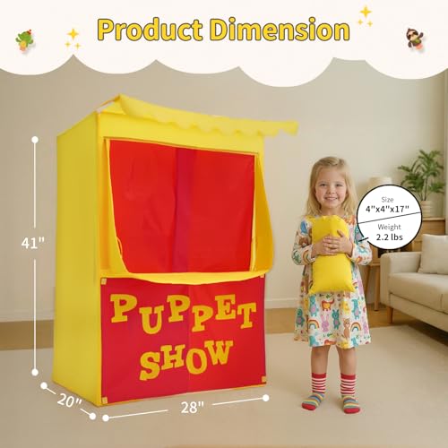 Alvantor Lemonade Stand Puppet Show Theater Pretend Playhouse Tent Kids on Stage Doorway Table Top Sets for Toddlers Curtain Fordable Rods Children Dramatic Furniture 28X20X41H Yellow - Image 5