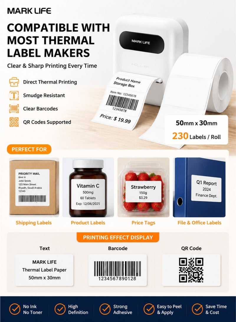 Marklife Thermal Label Paper 50x30mm 230 Labels Roll Waterproof Oil Proof Self Adhesive Labeling Tape Compatible with Label Maker Machine for Barcode Printing Office Home Storage Small Business White - Image 4