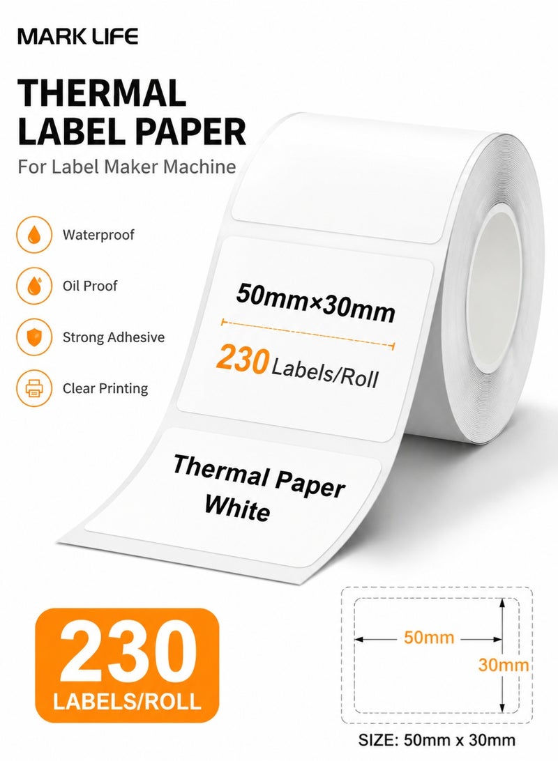 Marklife Thermal Label Paper 50x30mm 230 Labels Roll Waterproof Oil Proof Self Adhesive Labeling Tape Compatible with Label Maker Machine for Barcode Printing Office Home Storage Small Business White - Image 1