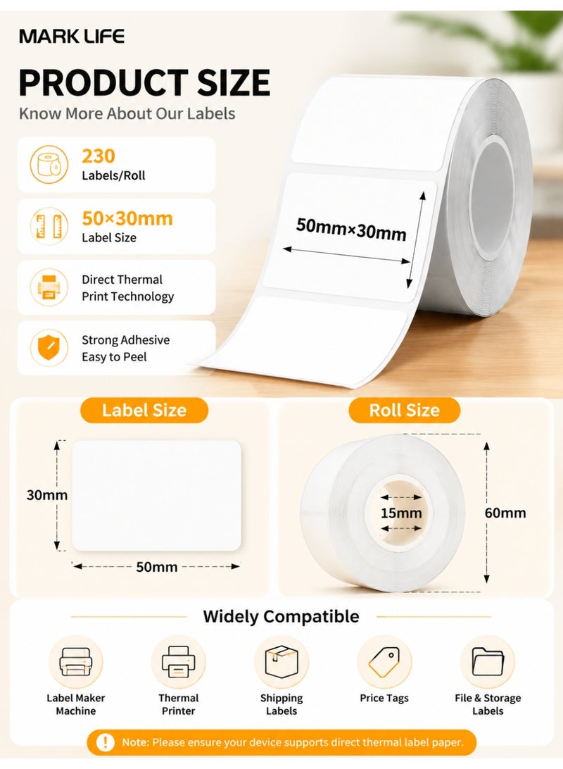 Marklife Thermal Label Paper 50x30mm 230 Labels Roll Waterproof Oil Proof Self Adhesive Labeling Tape Compatible with Label Maker Machine for Barcode Printing Office Home Storage Small Business White - Image 3