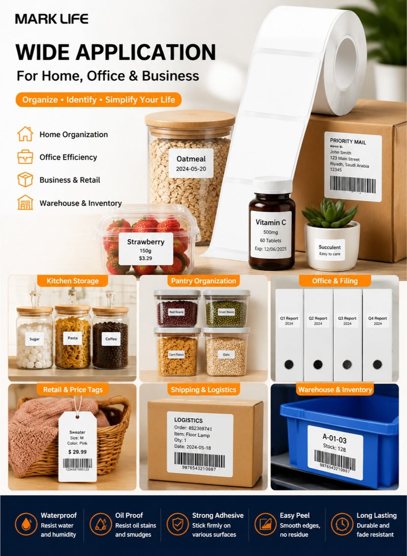 Marklife Thermal Label Paper 50x30mm 230 Labels Roll Waterproof Oil Proof Self Adhesive Labeling Tape Compatible with Label Maker Machine for Barcode Printing Office Home Storage Small Business White - Image 5