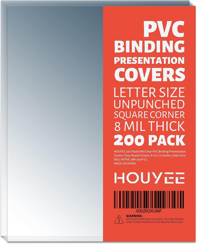 HOUYEE Store 200 Pack 8 Mil PVC Binding Presentation Covers, Clear Report Cover Sheets for Binding, Square Corner, 8.5 x11 Inches, Letter Size - Image 1