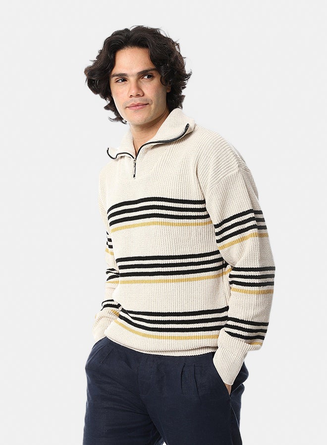 Andora Knitted Long Sleeves Round Collar Strpped Pullover _ Black, Beige & Yellow - Image 3