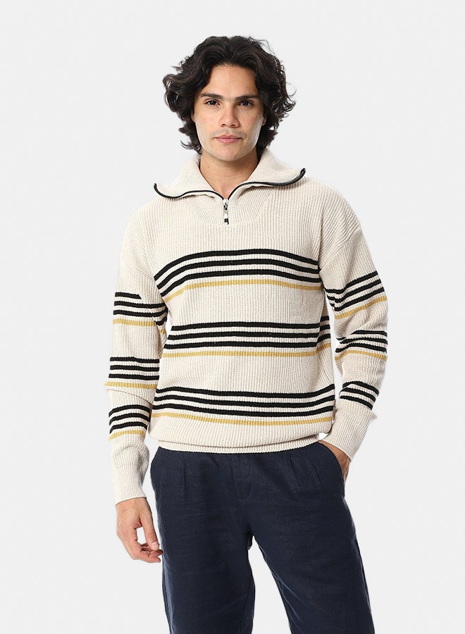 Andora Knitted Long Sleeves Round Collar Strpped Pullover _ Black, Beige & Yellow - Image 1