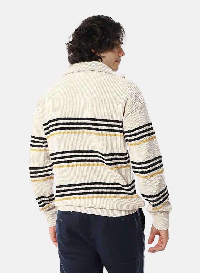 Andora Knitted Long Sleeves Round Collar Strpped Pullover _ Black, Beige & Yellow - Image 4