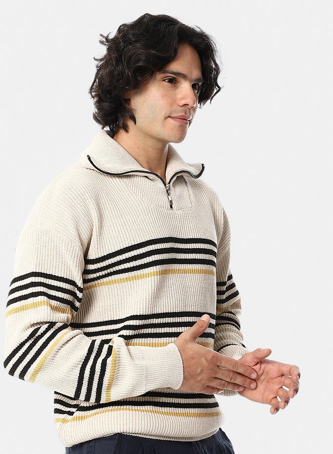 Andora Knitted Long Sleeves Round Collar Strpped Pullover _ Black, Beige & Yellow - Image 2