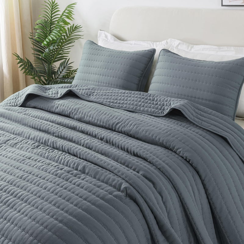 ROARINGWILD Blue King Size Quilt Bedding Sets with 2 Pillow Shams, Lightweight Soft Bedspread Coverlet, Quilted Blanket Thin Comforter Bed Cover for All Season, 3 Pieces, 104x90 inches - Image 1