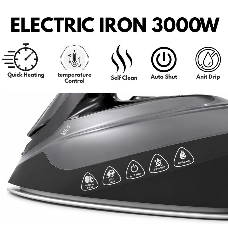 Glaze Steam Iron 3000W Max GL854SI | Ceramic Soleplate | Powerful Steam Burst & Spray Function | Adjustable Temperature Control | Self-Clean System | Auto Cut-Off Safety | Black - Image 3