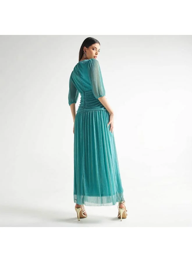 Splash FAV Textured V-neck Maxi Dress with Zip Closure and Wrap Detail