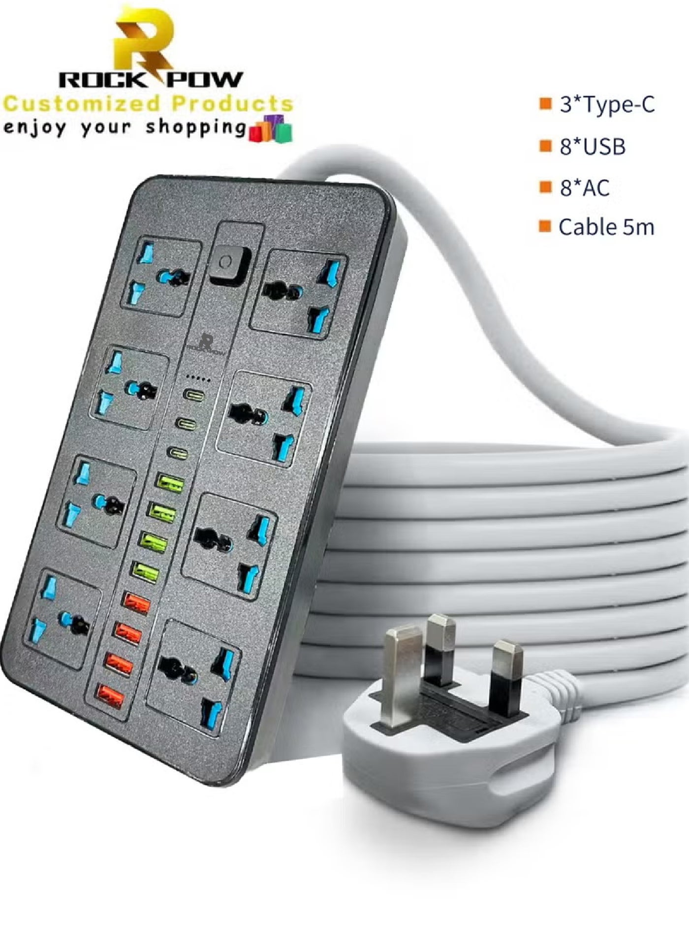 5 meters Universal Extension Lead with Multiple Function UK Plug 3 Pin Socket Outlet with 8 Gang 8 USB Port 3 Type-C Port 5M Electric Socket Mains Strip for Home Kitchen and Office 5 meters