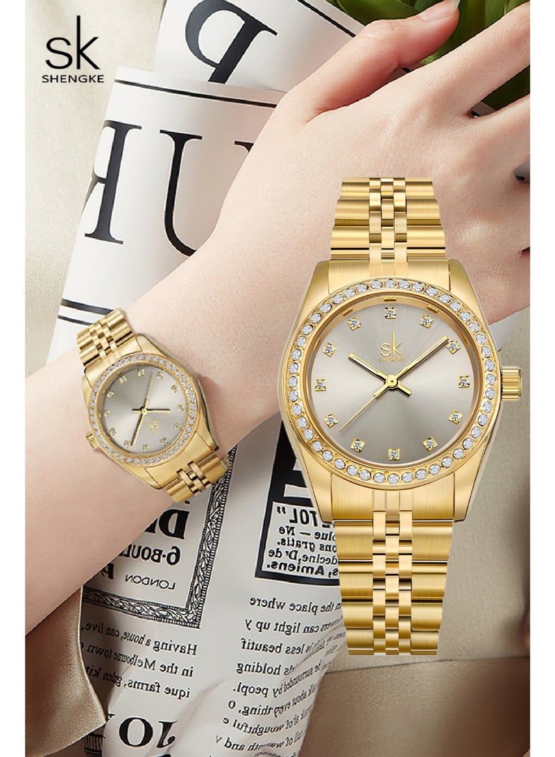 shengke Women's Crystal Accented with Solid Alloy Steel Band Watch Elegant Dress Quartz Calendar Watches for Women - Image 1