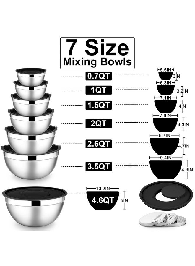 E-far E-far Mixing Bowls with Lids Set, 7-Piece Stainless Steel Metal Mixing Bowls with 3 Grater Attachments, Size 4.6, 3.5, 2.6, 2, 1.5, 1, 0.7QT, Nesting Design & Black Airtight Lids, For Baking/Cooking  - Image 5