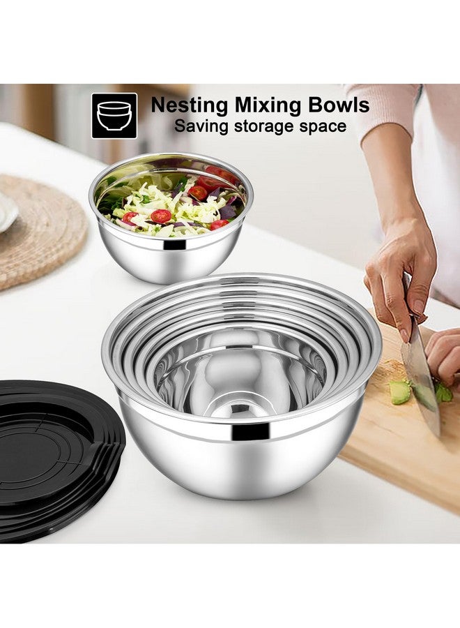 E-far E-far Mixing Bowls with Lids Set, 7-Piece Stainless Steel Metal Mixing Bowls with 3 Grater Attachments, Size 4.6, 3.5, 2.6, 2, 1.5, 1, 0.7QT, Nesting Design & Black Airtight Lids, For Baking/Cooking  - Image 4