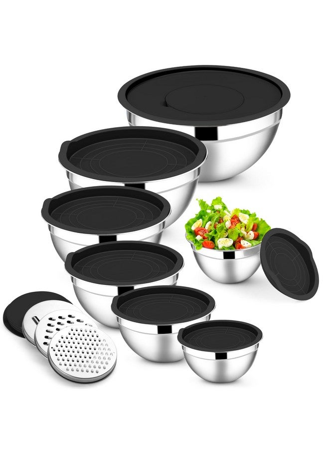 E-far E-far Mixing Bowls with Lids Set, 7-Piece Stainless Steel Metal Mixing Bowls with 3 Grater Attachments, Size 4.6, 3.5, 2.6, 2, 1.5, 1, 0.7QT, Nesting Design & Black Airtight Lids, For Baking/Cooking  - Image 1