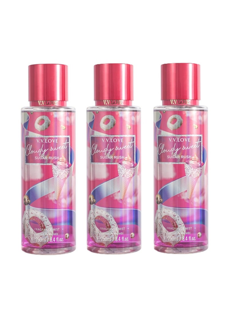 في في لوف معطر للجسم من في.في. لوف برائحة كلاودي سويت شوجر راش، عبوة من 3 قطع، 250 مل | رائحة كريمية من الفانيليا والفواكه | معطر يدوم طويلاً للجنسين - Image 1