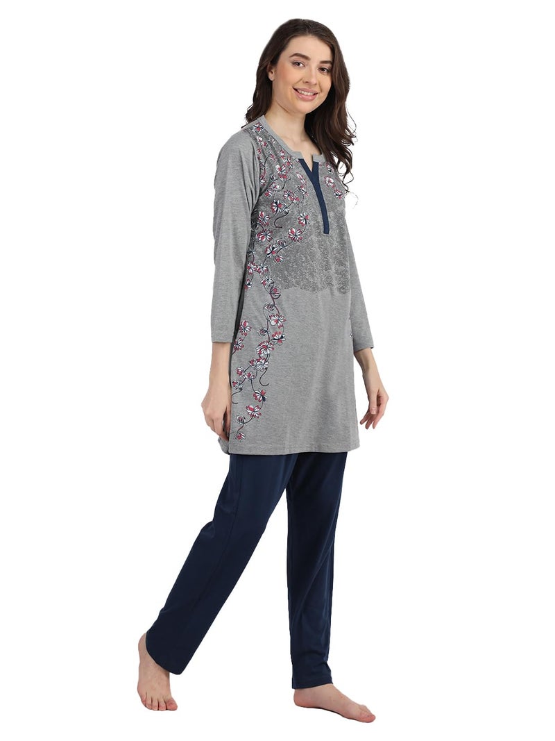 Duchess Women's Cotton Embroidery Long Length Night Suit Set - Pajama Set, Grey, 2Xl - Image 5