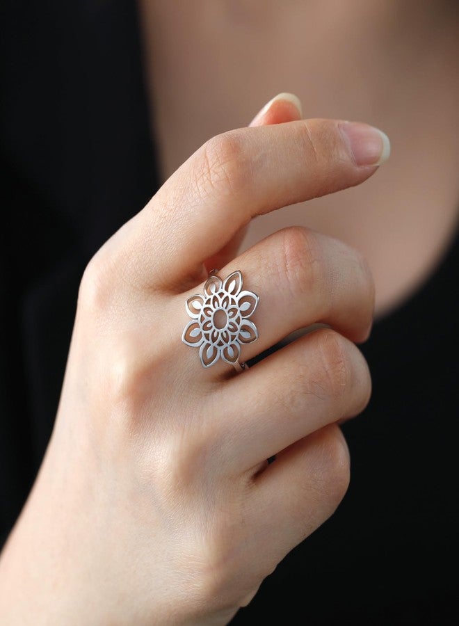 TEAMER Stainless Steel Hollow Lotus Ring - Geometric Simple Jewelry for Women (Silver, 11) - Image 4