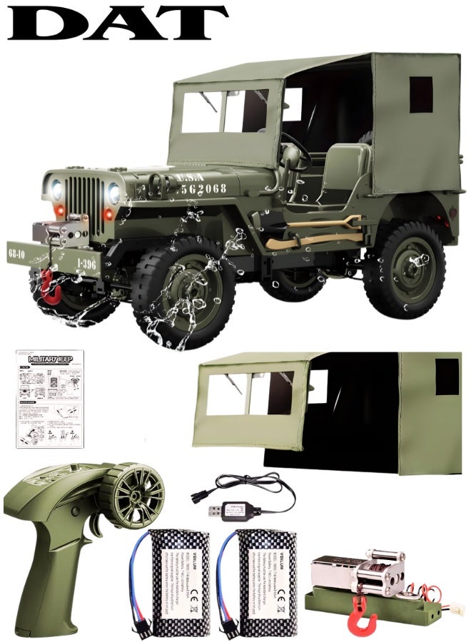 DAT 4WD RC Military Jeep with Winch, Canopy & Lights – 34.5cm Rechargeable 2.4GHz Off-Road Truck - Image 1